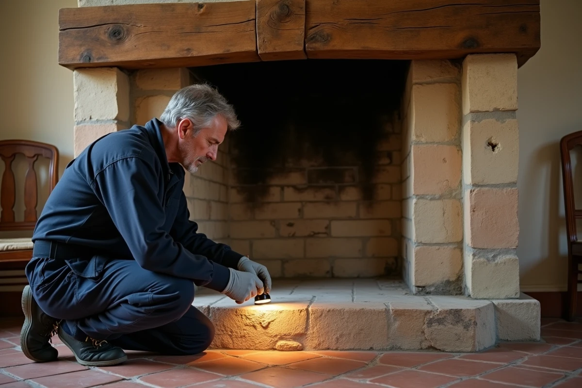Technicien inspectant l'intérieur d'une ancienne cheminée en pierre avant l'installation d'un insert à granulés