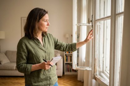 Femme inspectant une vieille fenêtre en bois avant un projet de remplacement de fenêtres dans un salon
