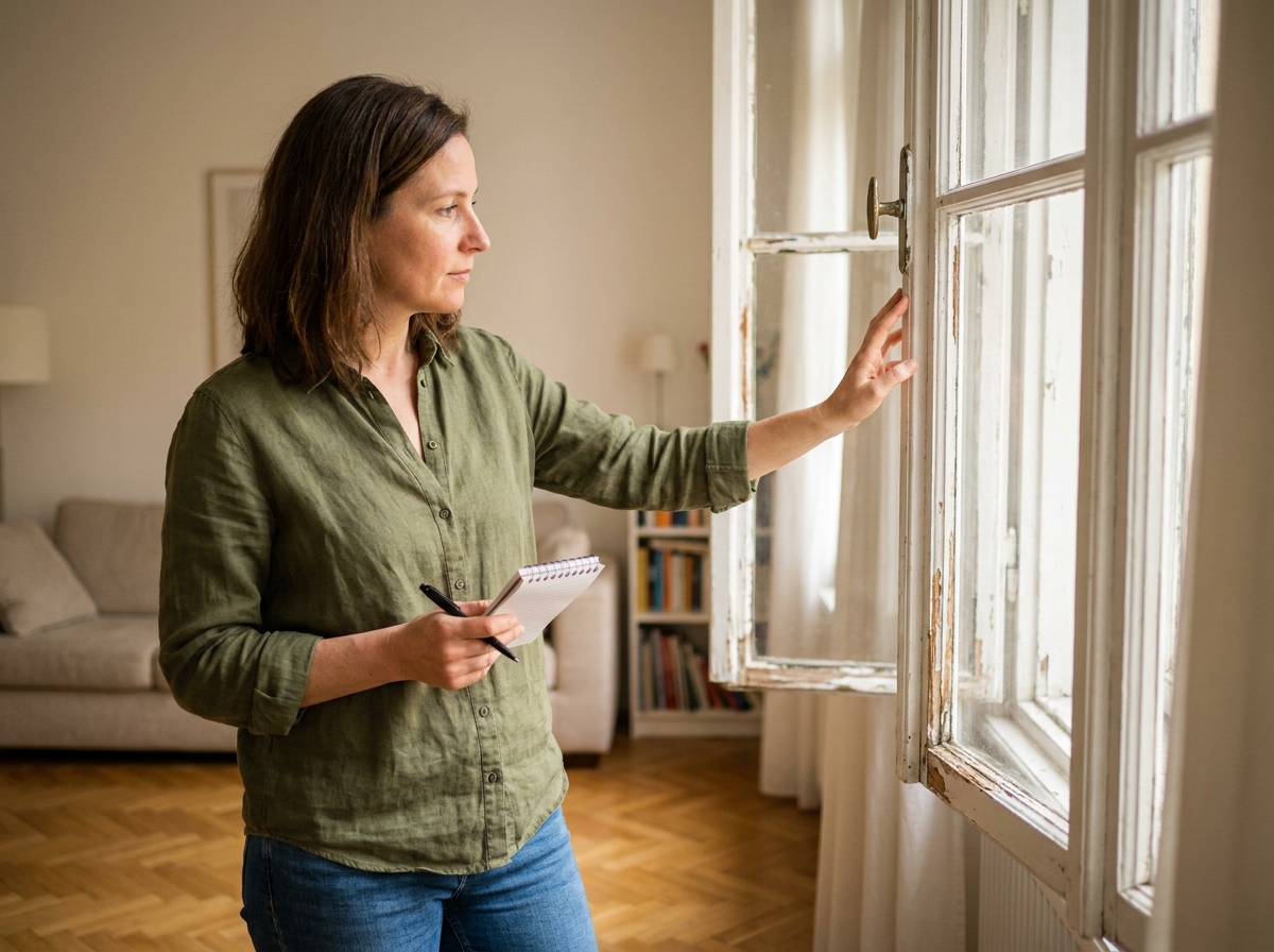 Femme inspectant une vieille fenêtre en bois avant un projet de remplacement de fenêtres dans un salon