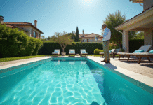 Inspecteur mesurant une piscine dans un jardin français en été