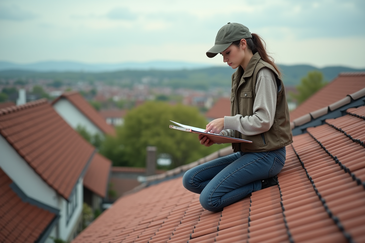 Femme inspectant des tuiles de toit au printemps