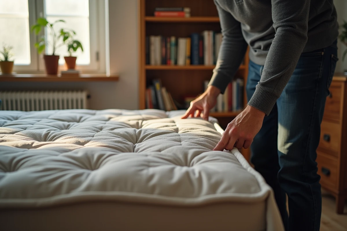 Homme installant correctement une housse matelassée sur un clic-clac en lissant le tissu sur les coins de la banquette