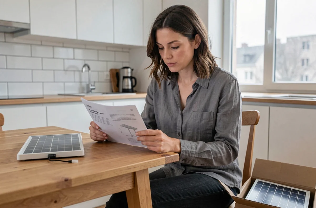 Femme consultant le manuel d'installation d'un panneau solaire plug and play dans une cuisine moderne