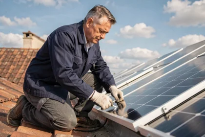 Technicien installant des panneaux solaires hybrides photovoltaïques-thermiques sur le toit d'une maison individuelle