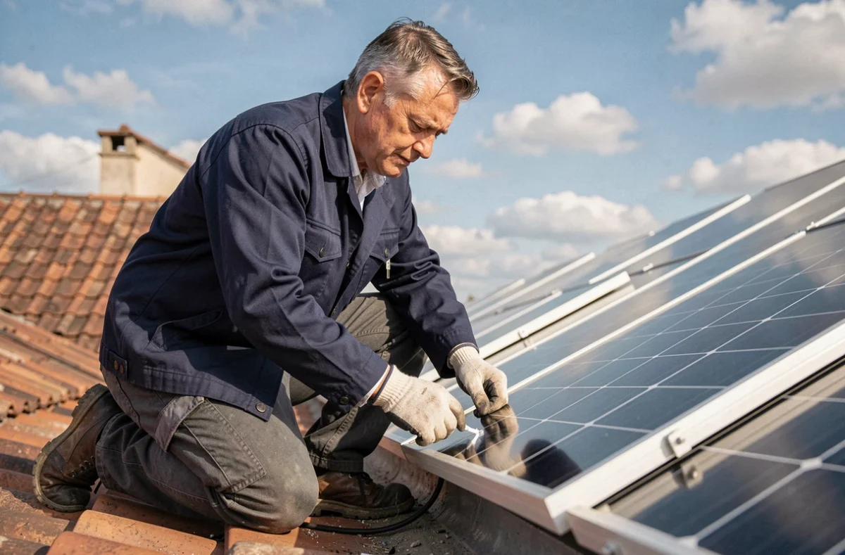 Technicien installant des panneaux solaires hybrides photovoltaïques-thermiques sur le toit d'une maison individuelle
