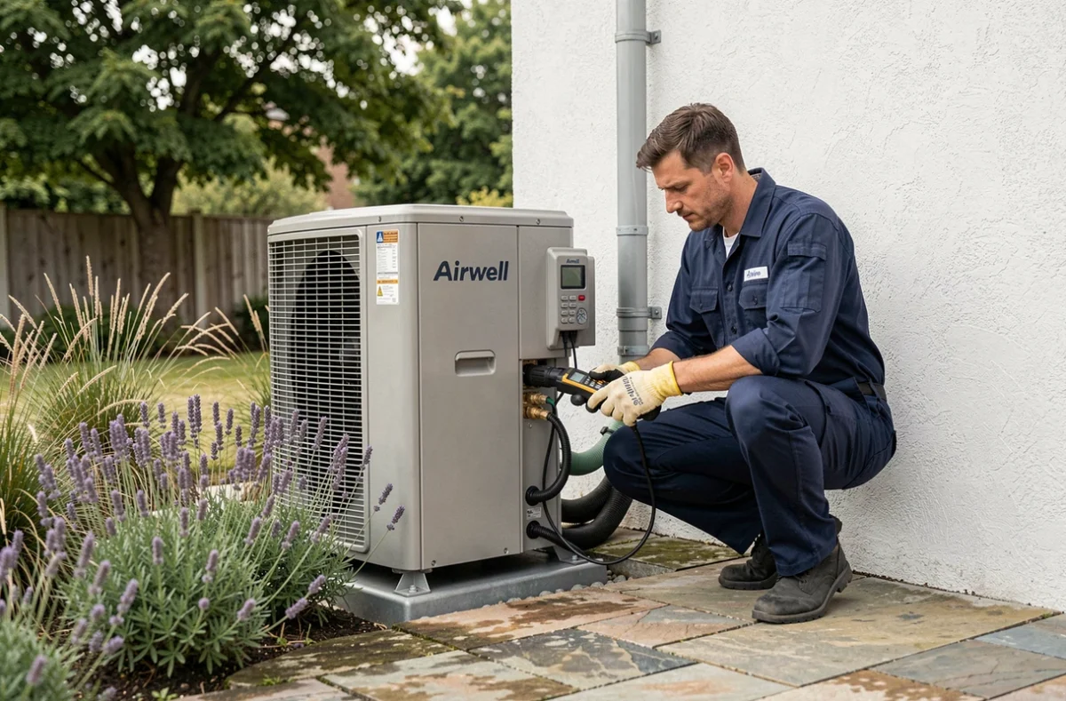 Technicien installant une unité extérieure de pompe à chaleur Airwell sur une terrasse résidentielle