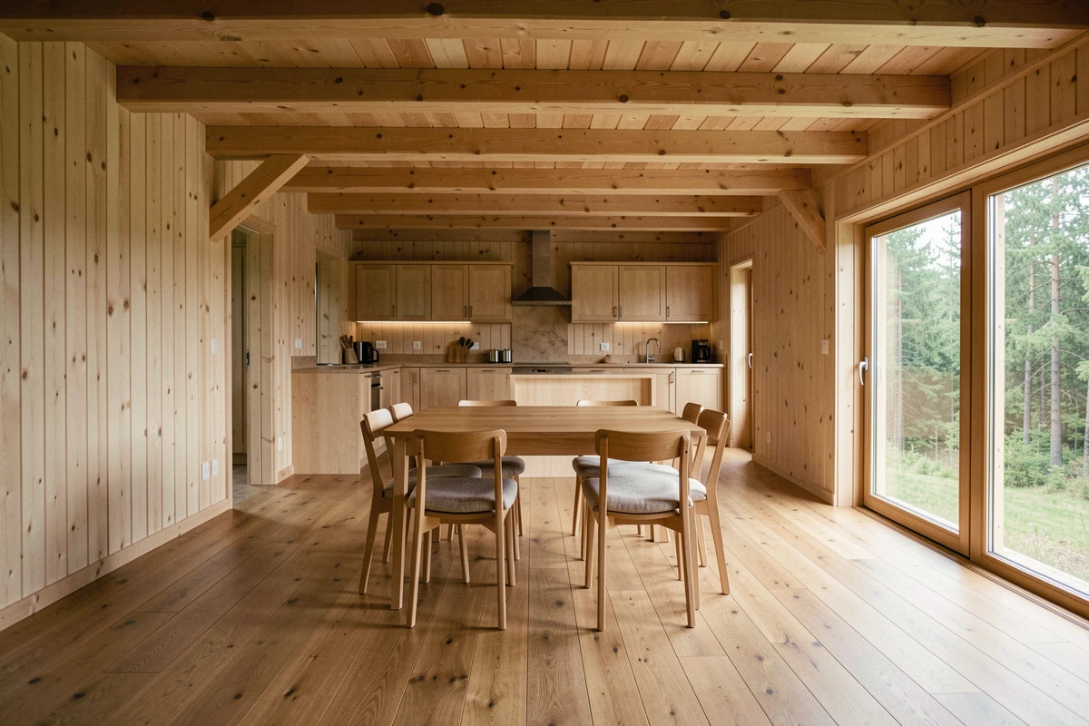 Intérieur d'un chalet en bois habitable 80m2 livré monté avec poutres apparentes et bardage pin naturel