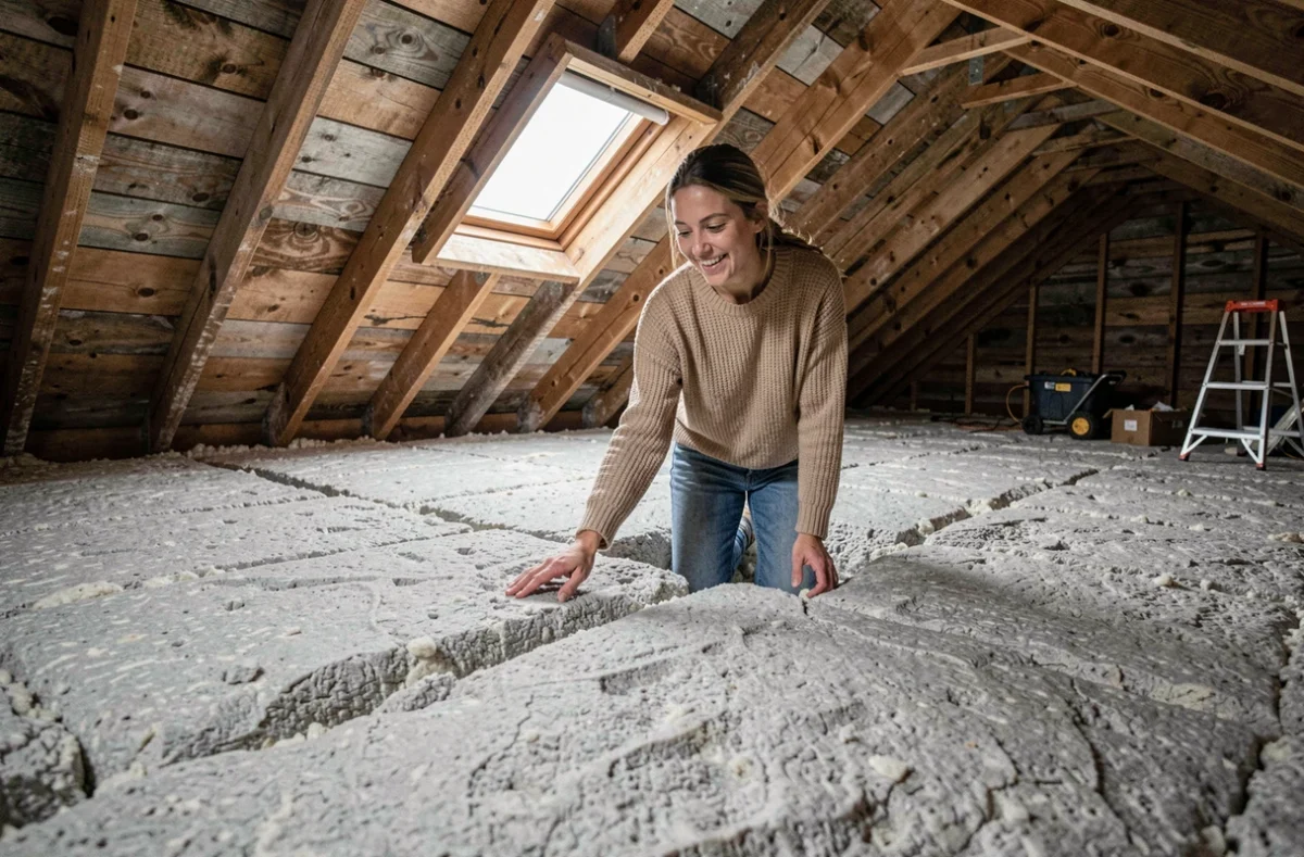 Propriétaire inspectant une isolation en ouate de cellulose soufflée dans les combles après travaux de rénovation énergétique