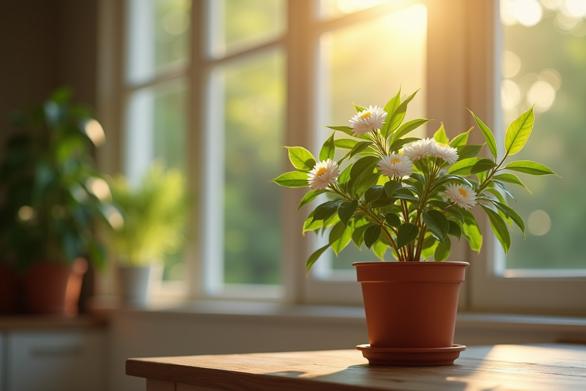 Plusieurs jasmins plantés dans un petit pot sur une table en bois