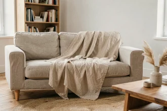 Jeté de canapé beige en lin lavé drapé sur un canapé naturel dans un salon scandinave lumineux et épuré