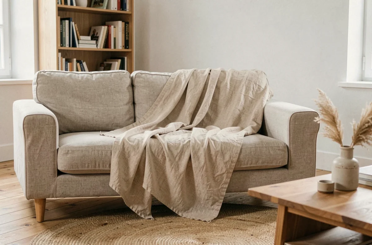 Jeté de canapé beige en lin lavé drapé sur un canapé naturel dans un salon scandinave lumineux et épuré