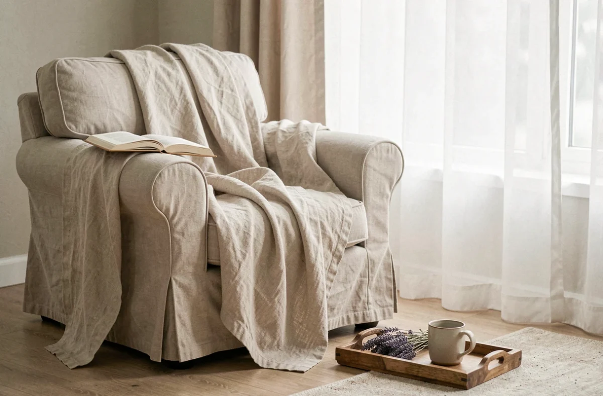 Jeté en lin lavé beige sur un fauteuil près d'une fenêtre dans un salon cosy et naturel avec accessoires déco neutres