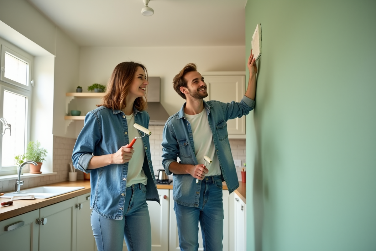Jeune couple peignant un mur de cuisine avec des sourires