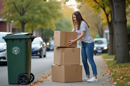 Jeune femme plie des cartons pour recyclage dans la rue