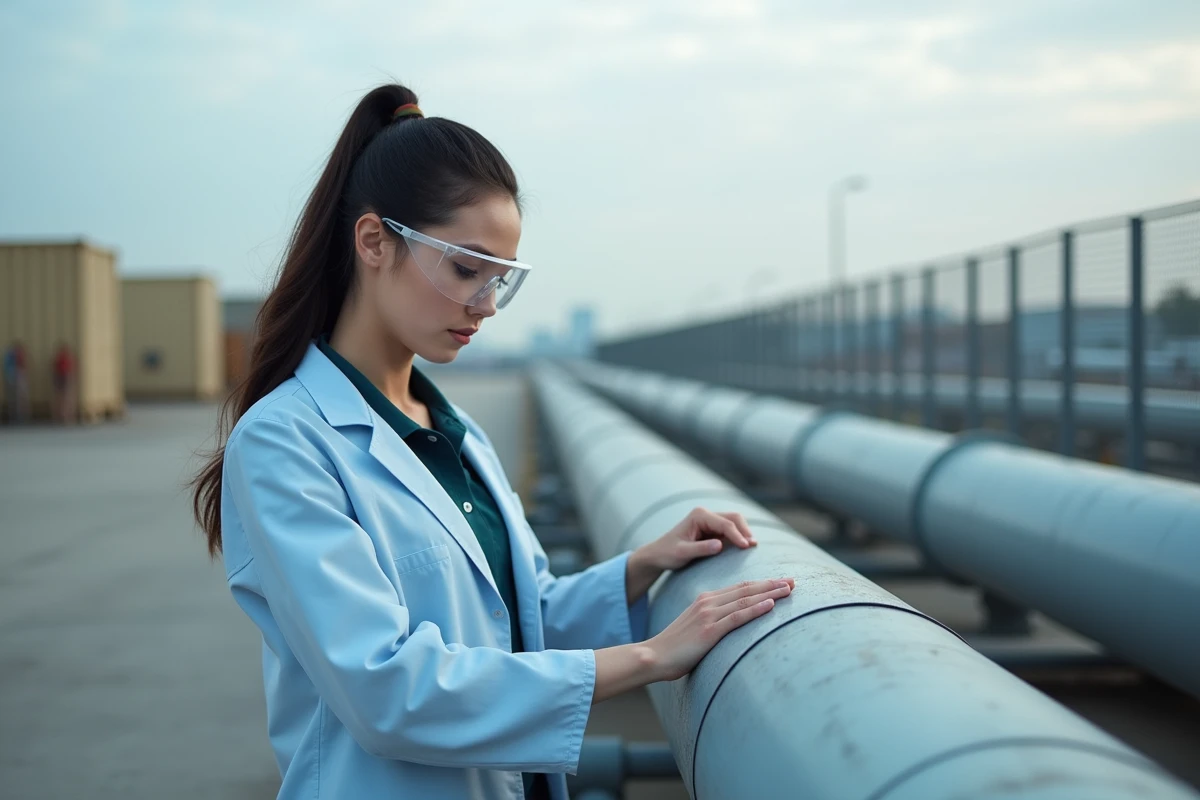 Jeune ingénieure posant une feuille de plastique sur un tuyau industriel