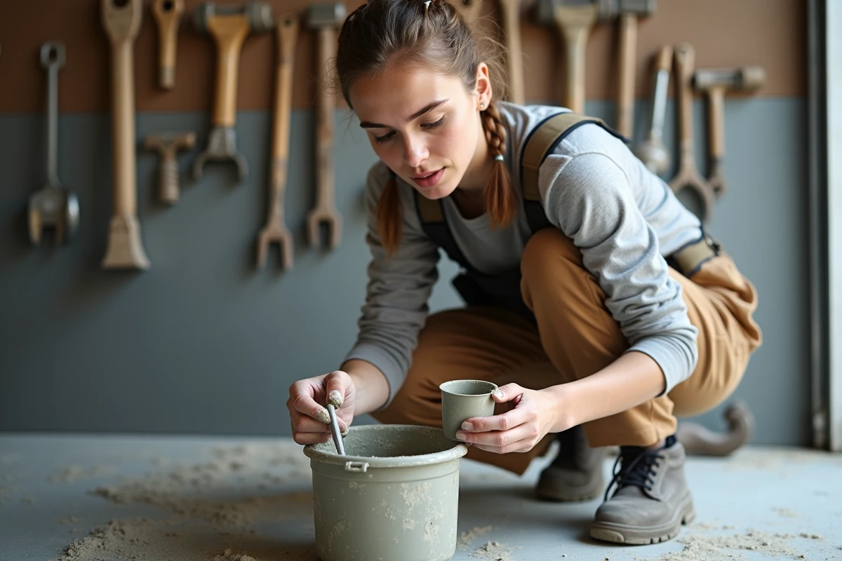 Jeune femme contrôlant la consistance de la chape maigre