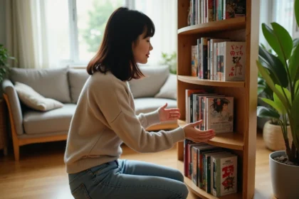 Jeune femme tourne une bibliothèque de mangas dans un salon lumineux