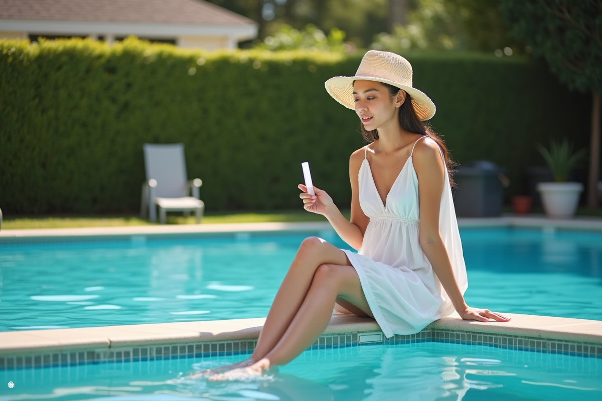 Jeune femme vérifiant la chimie de la piscine au bord de l