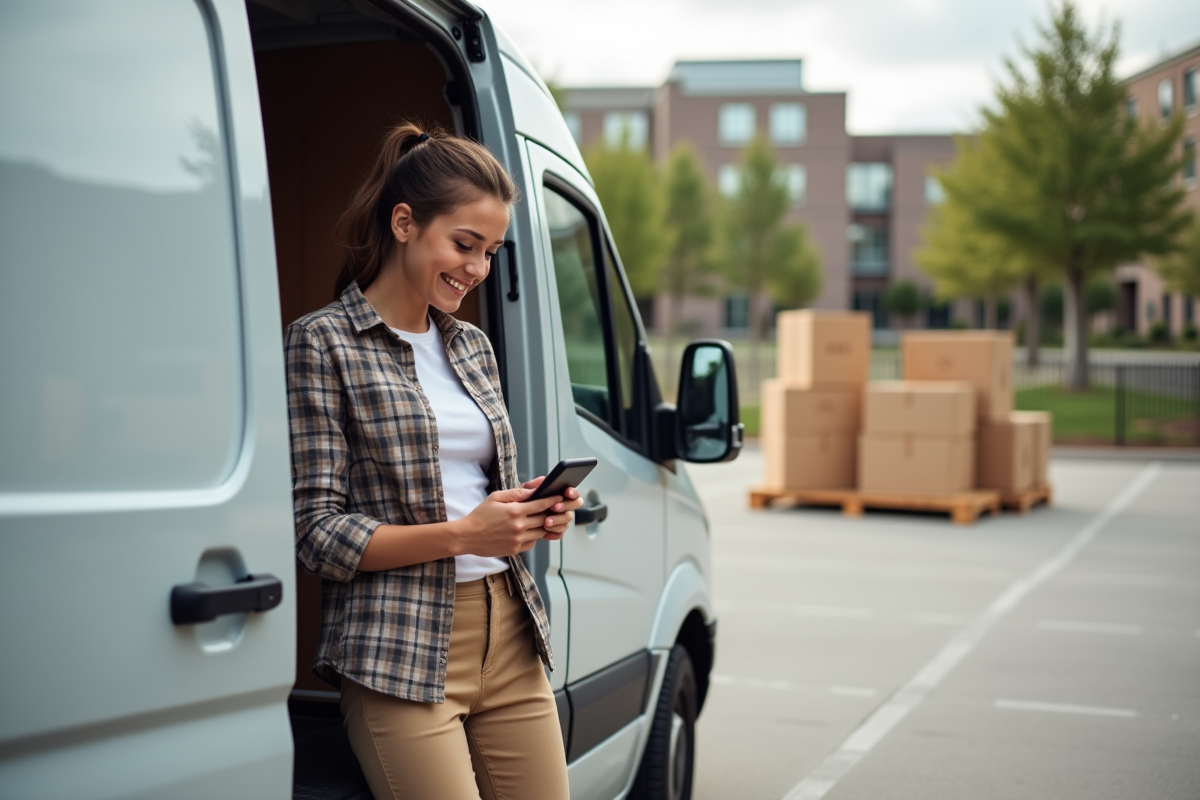Jeune femme souriante vérifiant son téléphone près d’un van en ville