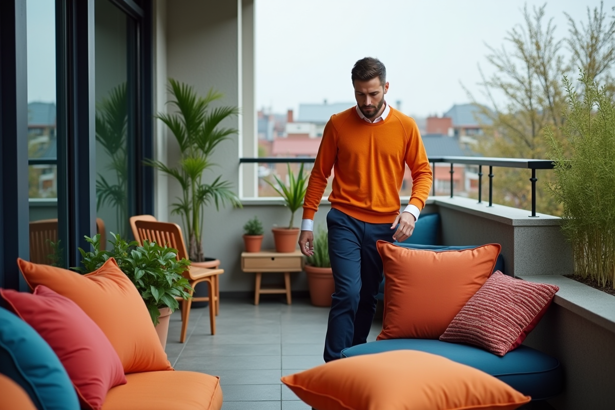 Jeune homme en pull orange sur un balcon urbain