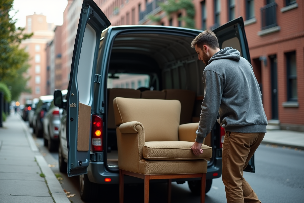 Jeune homme chargeant un fauteuil dans une voiture