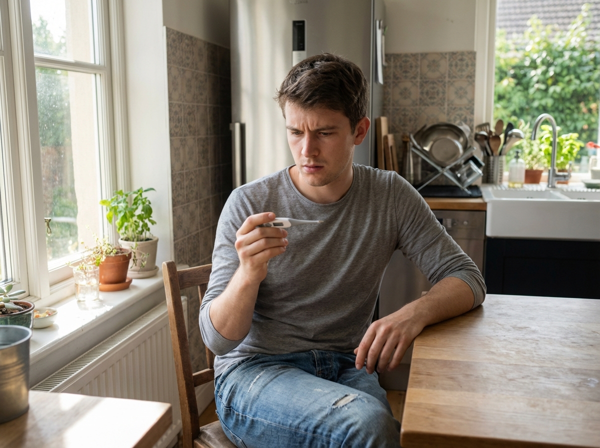 Jeune homme dans la cuisine avec un thermomètre numérique