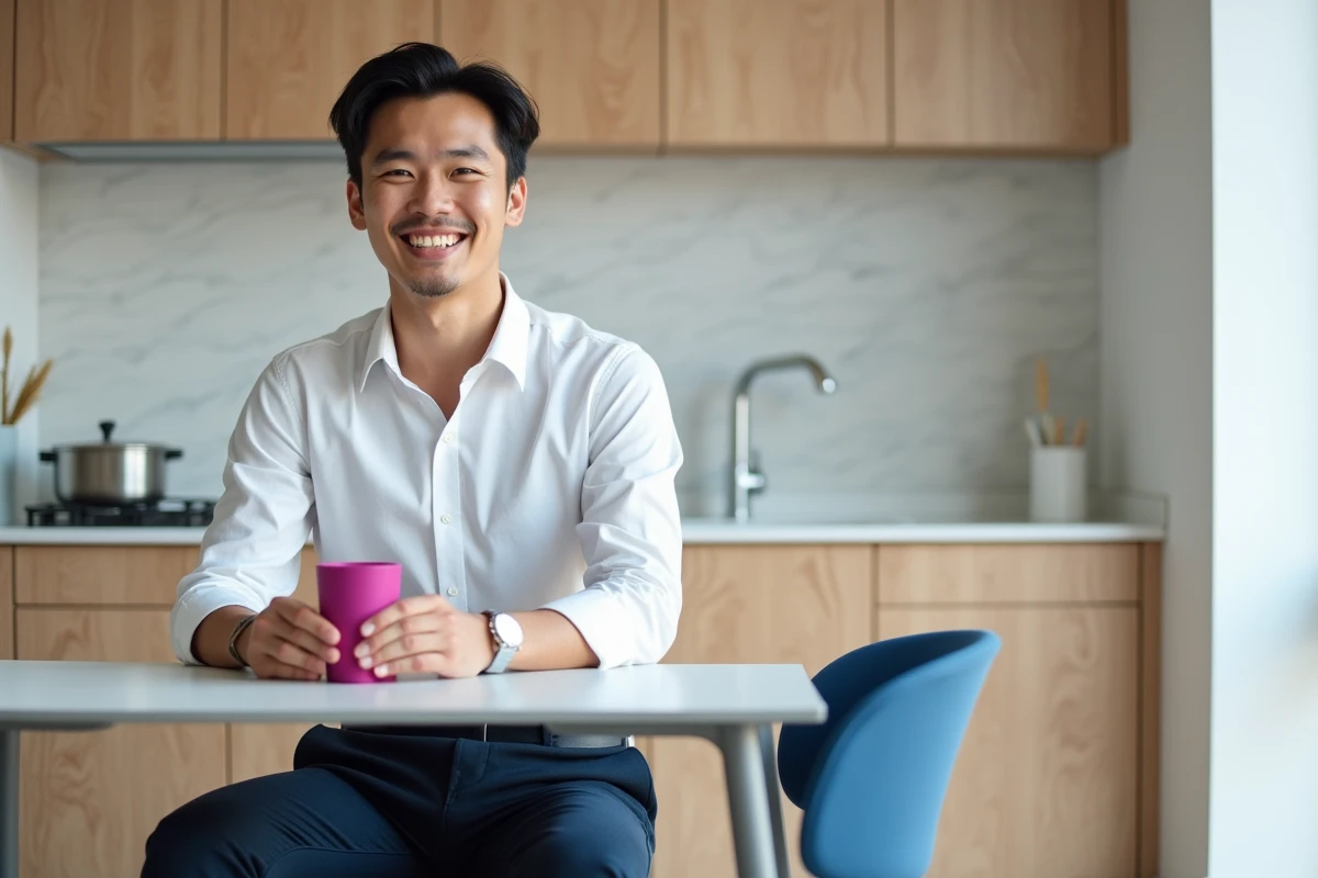 Jeune homme assis à une table de salle à manger avec papier blanc en fond