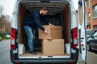 Jeune homme empilant des cartons dans une camionnette blanche