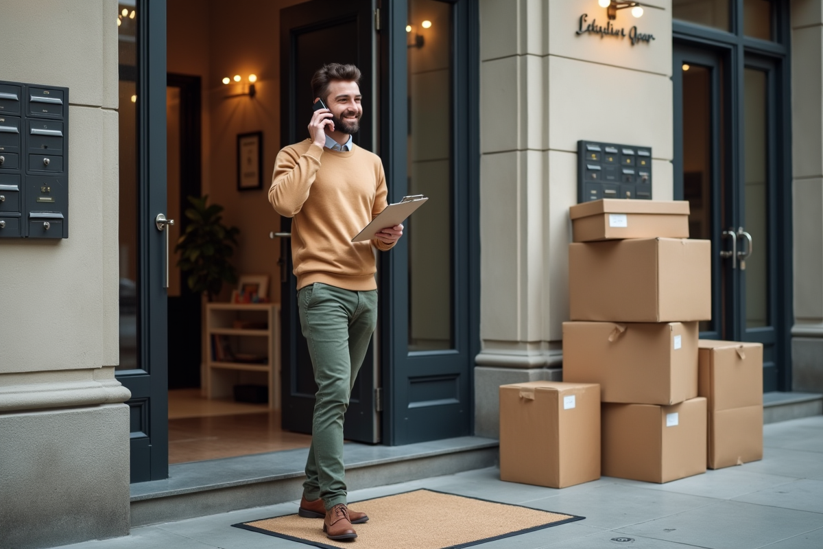Jeune homme parlant au téléphone devant son immeuble