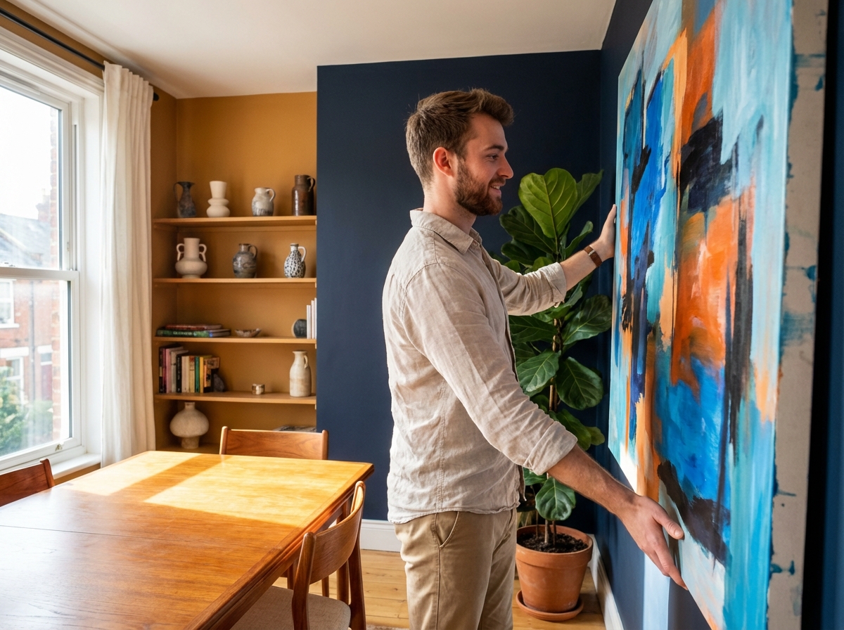 Jeune homme arrangeant une peinture abstraite dans un appartement