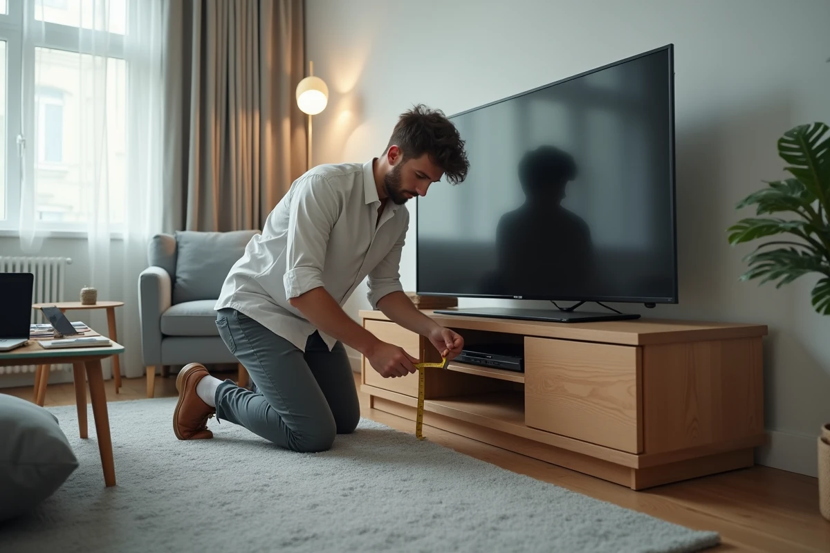 Jeune homme mesurant espace devant un meuble TV