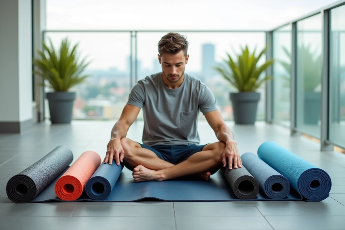 Jeune homme déployant tapis de sport en extérieur