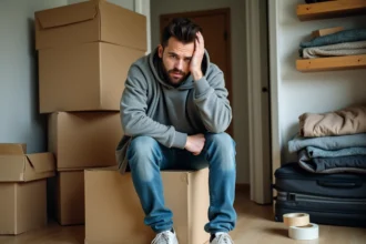 Jeune homme stressé assis sur des cartons en déménagement