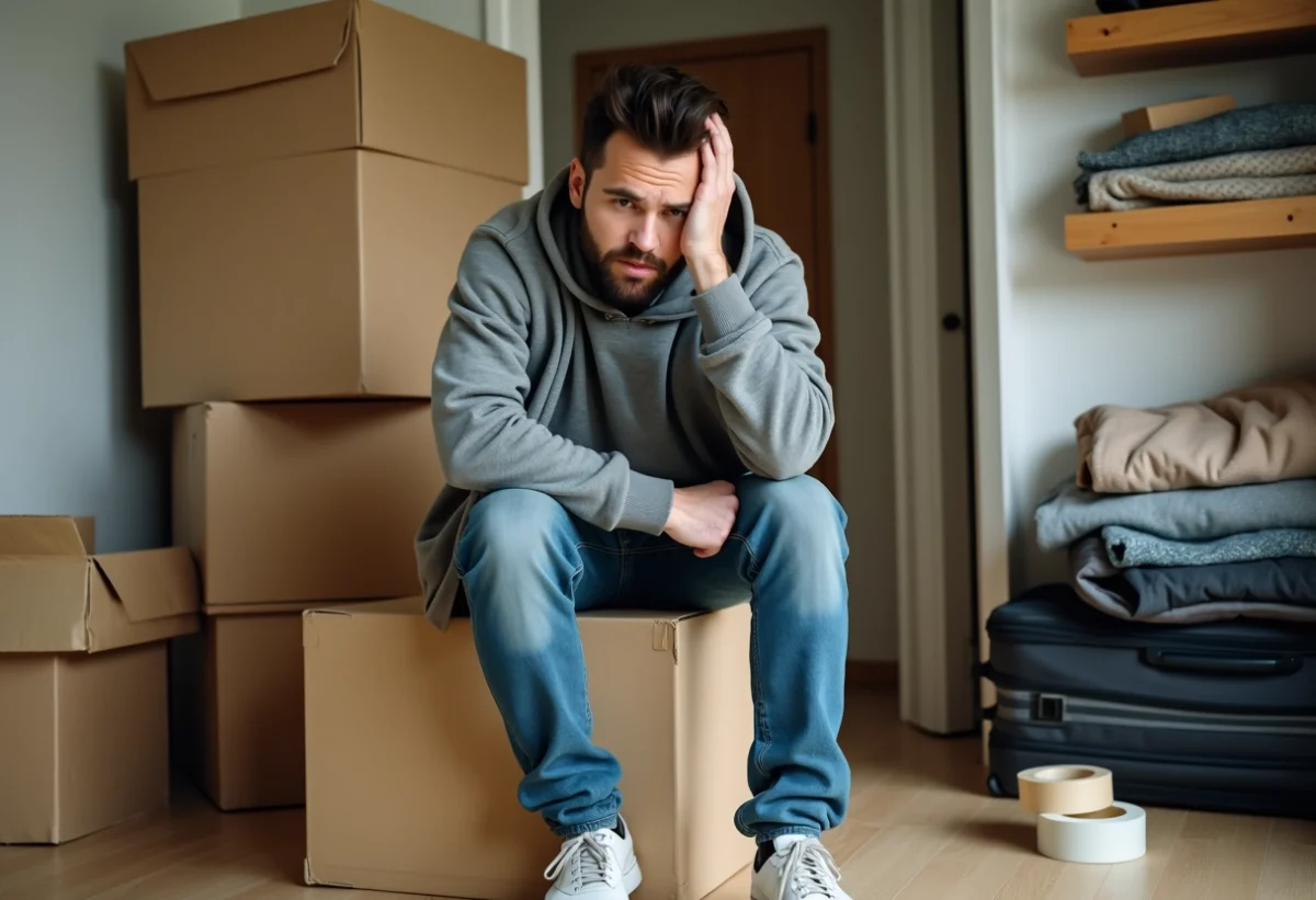 Jeune homme stressé assis sur des cartons en déménagement