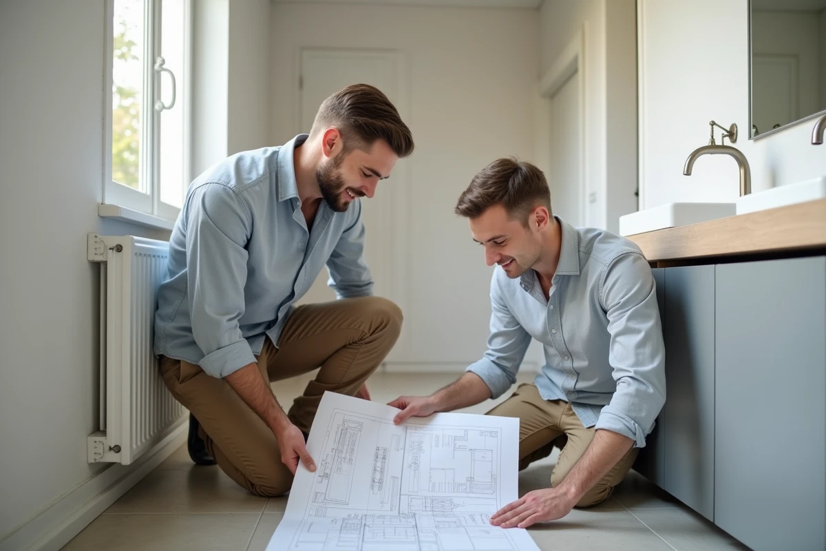 Jeune homme vérifiant un plan de salle de bain