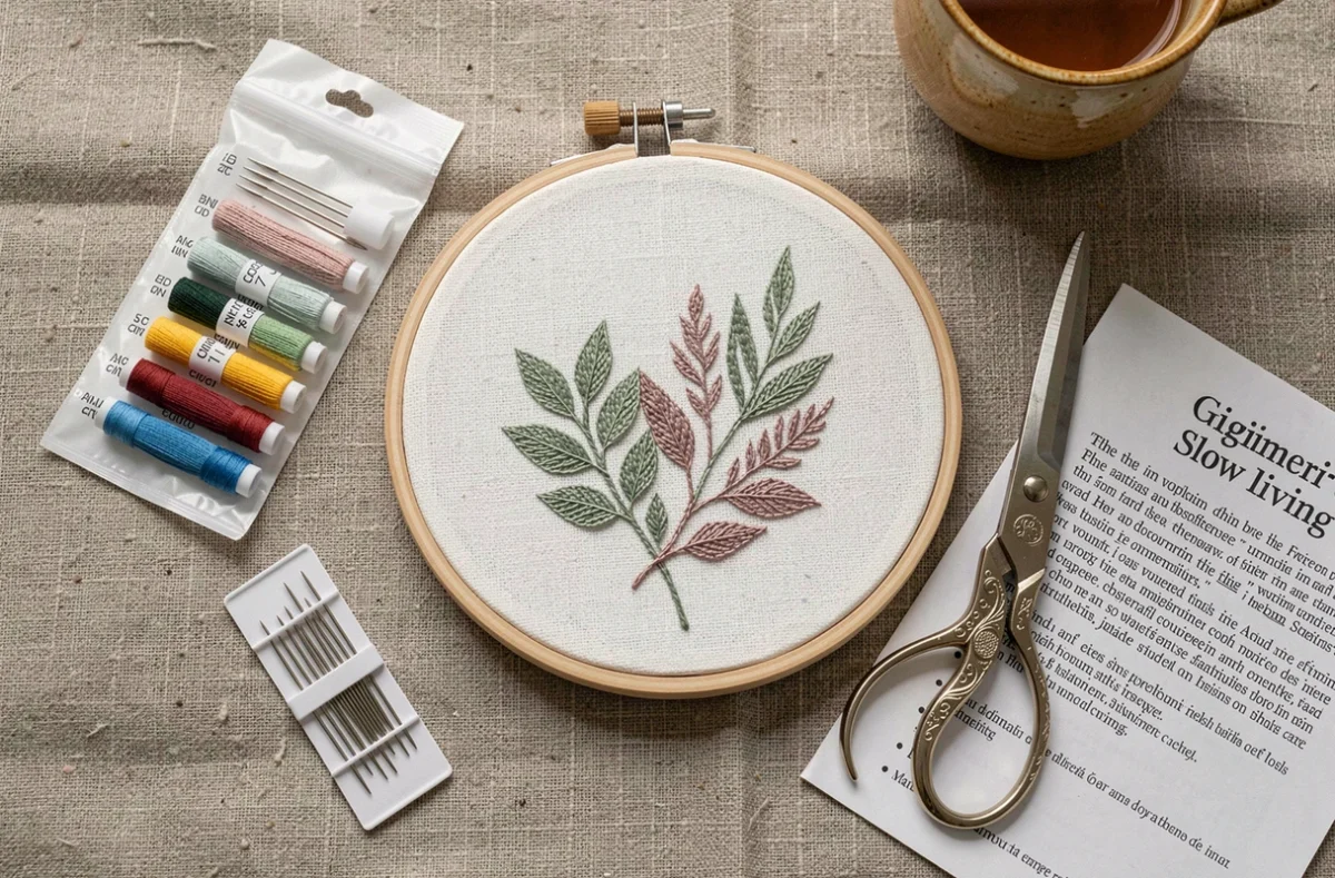 Flat-lay d'un kit broderie débutant complet avec cerceau, fils colorés, ciseaux et livret d'instructions sur tissu lin, idéal pour déstresser