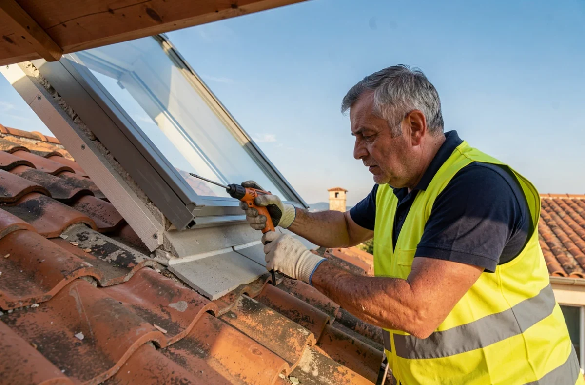Technicien de La Clinique Du Toit inspectant l'étanchéité d'une fenêtre de toit sur une maison en tuiles dans l'Hérault
