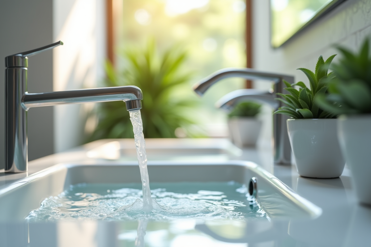 Lavabo moderne avec eau courante et plantes naturelles