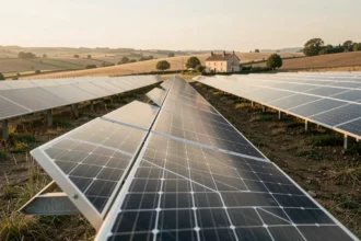 Champ agricole avec panneaux solaires au sol en zone rurale française illustrant la location de terrain pour photovoltaïque