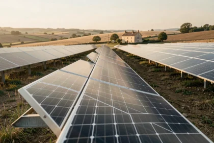 Champ agricole avec panneaux solaires au sol en zone rurale française illustrant la location de terrain pour photovoltaïque