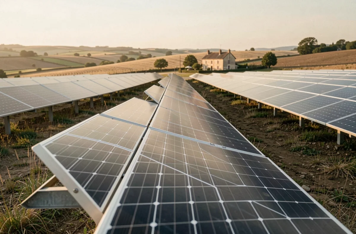 Champ agricole avec panneaux solaires au sol en zone rurale française illustrant la location de terrain pour photovoltaïque