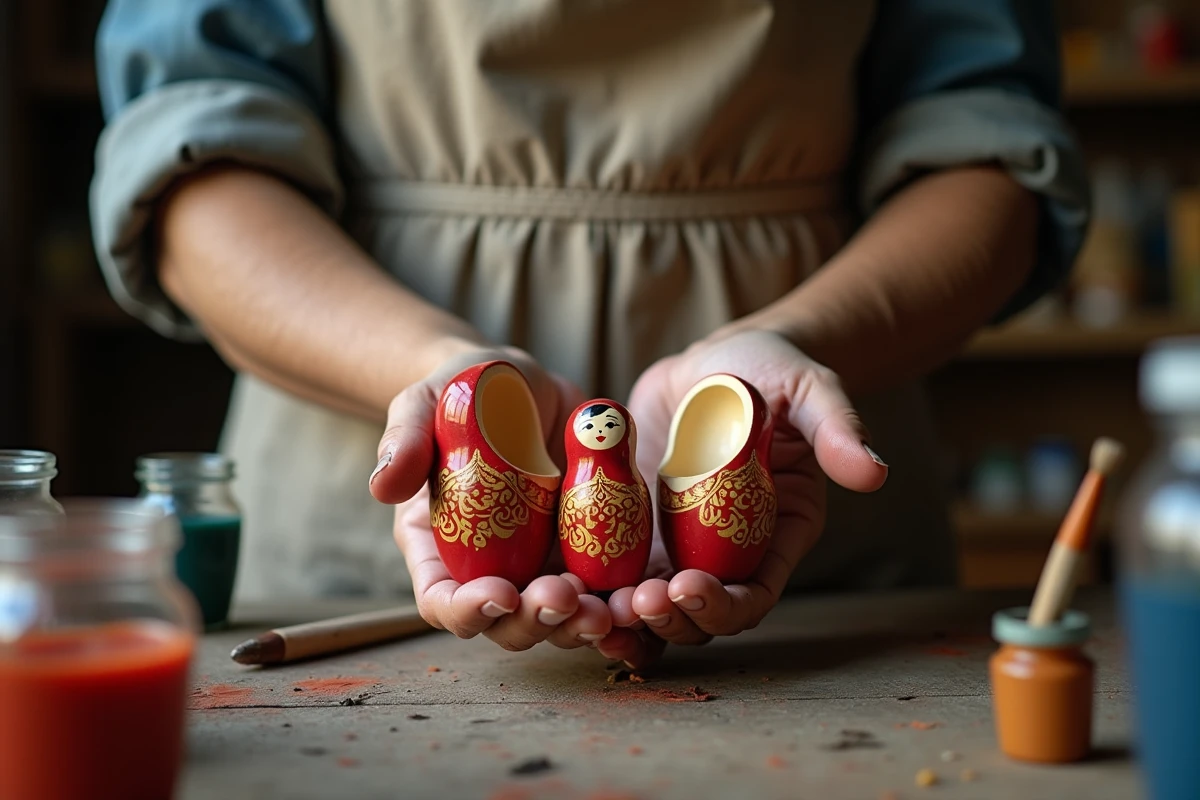 Mains artisanes tenant une poupée matriochka ouverte révélant une poupée intérieure, détails peints à la main en style Khokhloma
