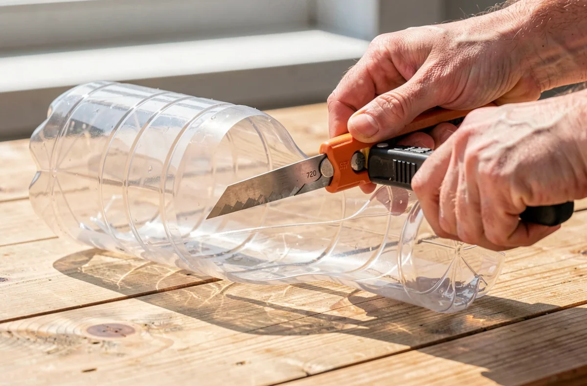 Mains découpant une bouteille en plastique avec un cutter