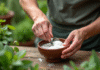 Le mélange vinaigre-sel : l’allié incontournable du jardinier bio Mains de jardinier mélangeant vinaigre et sel en extérieur