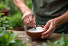 Mains de jardinier mélangeant vinaigre et sel en extérieur