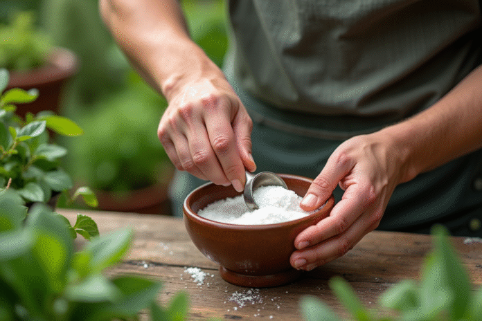 Mains de jardinier mélangeant vinaigre et sel en extérieur