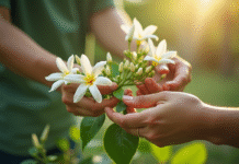 Mains préparant un jasmin dans un jardin en plein jour