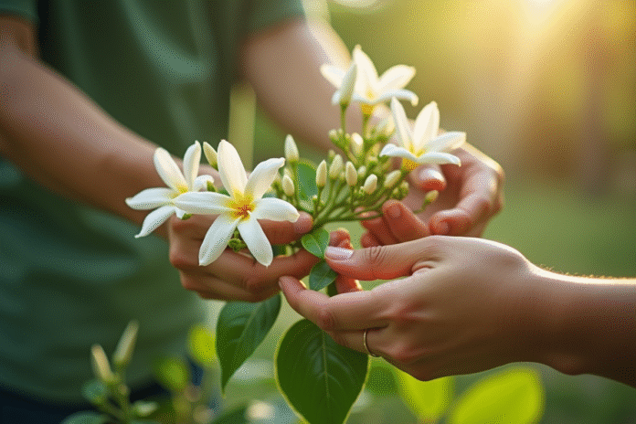 Mains préparant un jasmin dans un jardin en plein jour
