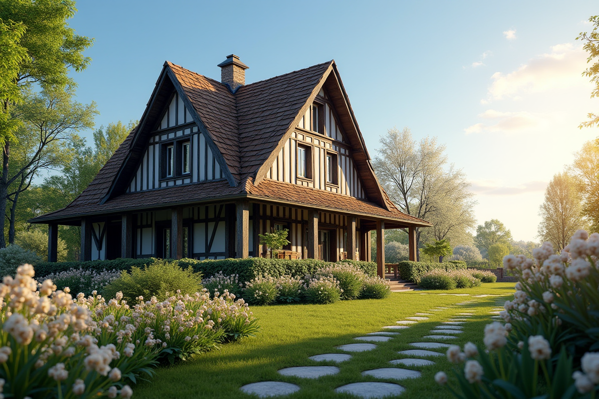 Maison de campagne avec toit en pente et jardin fleuri