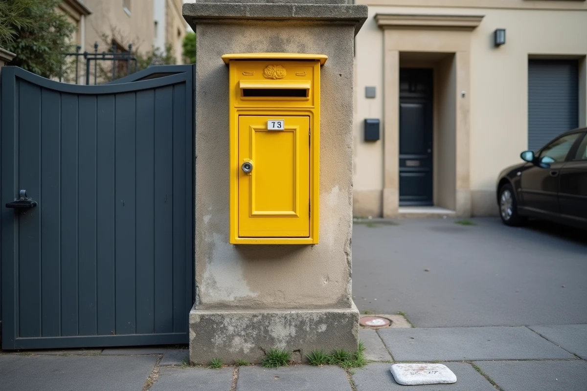 Maison individuelle française avec boîte aux lettres jaune et signes discrets au sol près du portail, codes de repérage utilisés par les cambrioleurs